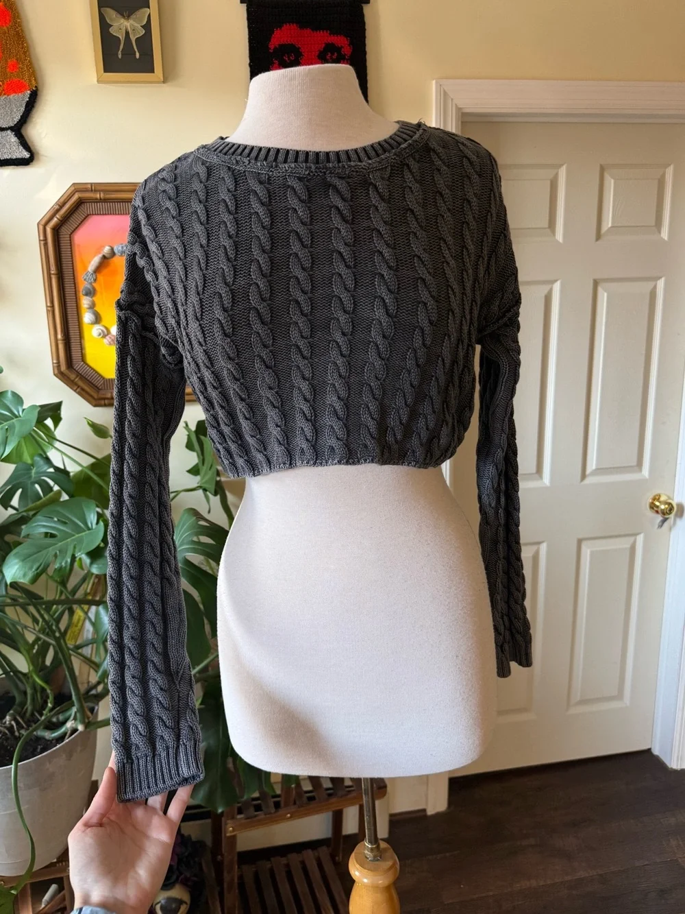 Free People Charcoal Gray Cropped Cable Knit Long Sleeve Cotton Sweater